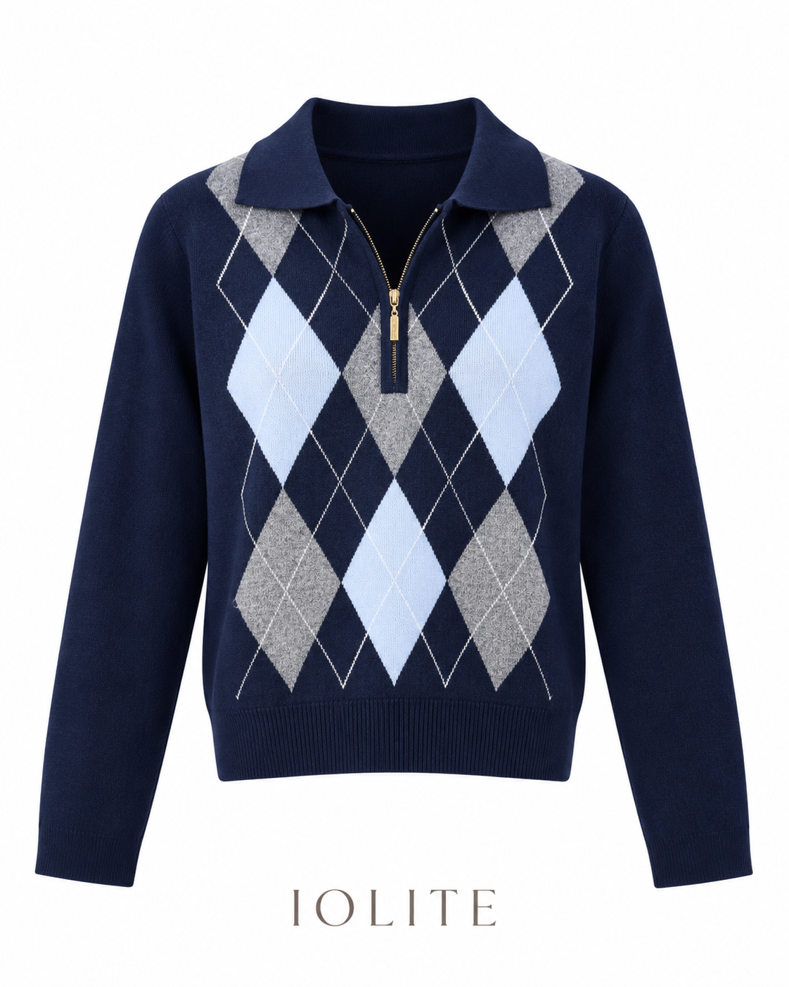 Navy blue argyle knit polo shirt