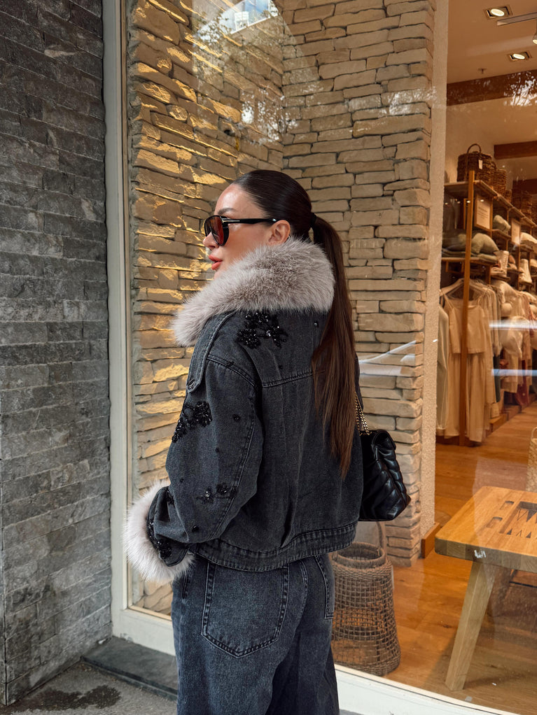 Anthracite embellished denim jacket with faux fur collar and cuffs.