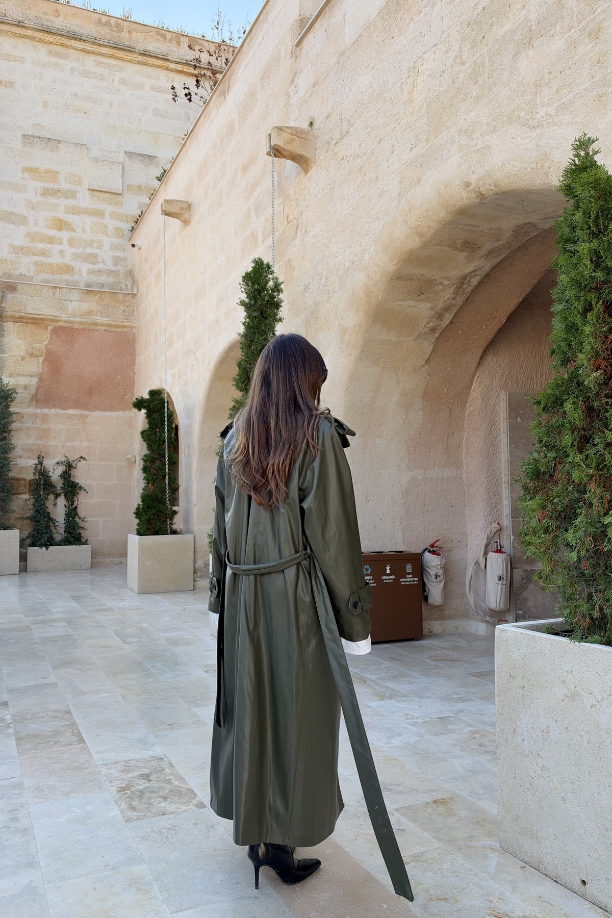 Green belted trench coat