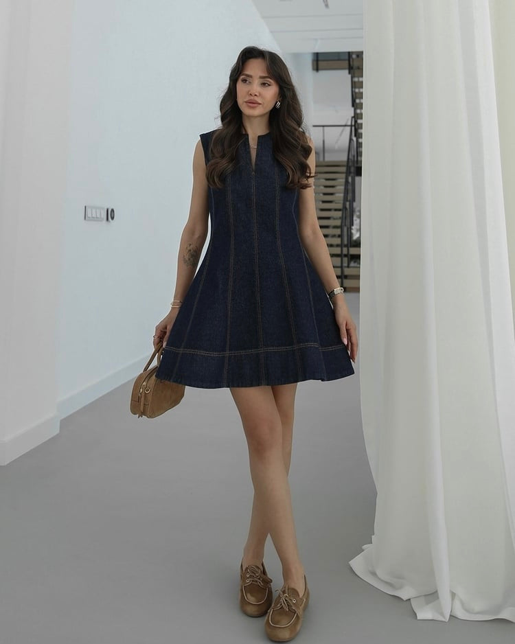 Dark navy denim dress with stitching detail