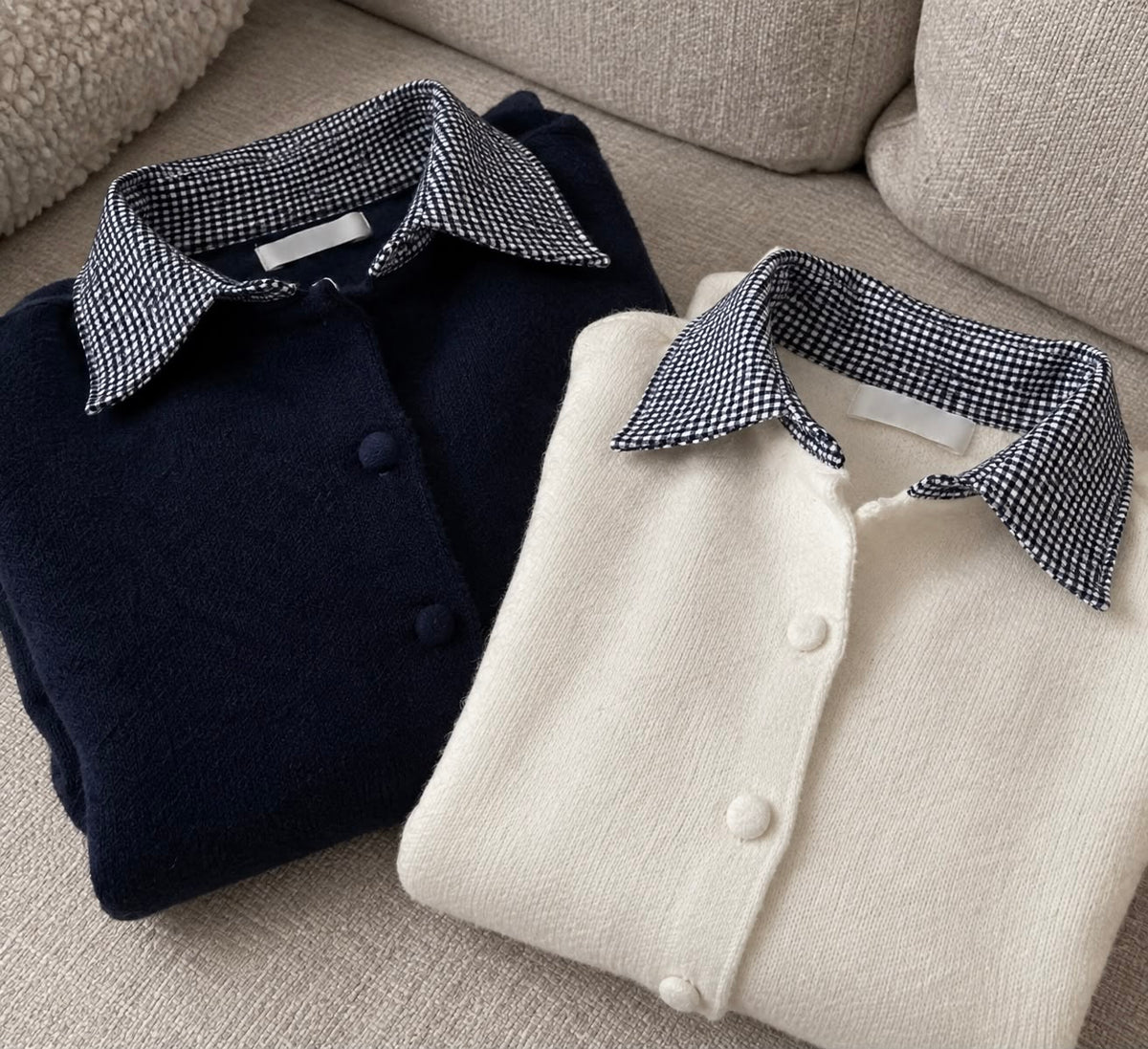 Knit cardigan with navy and white gingham patterned collar