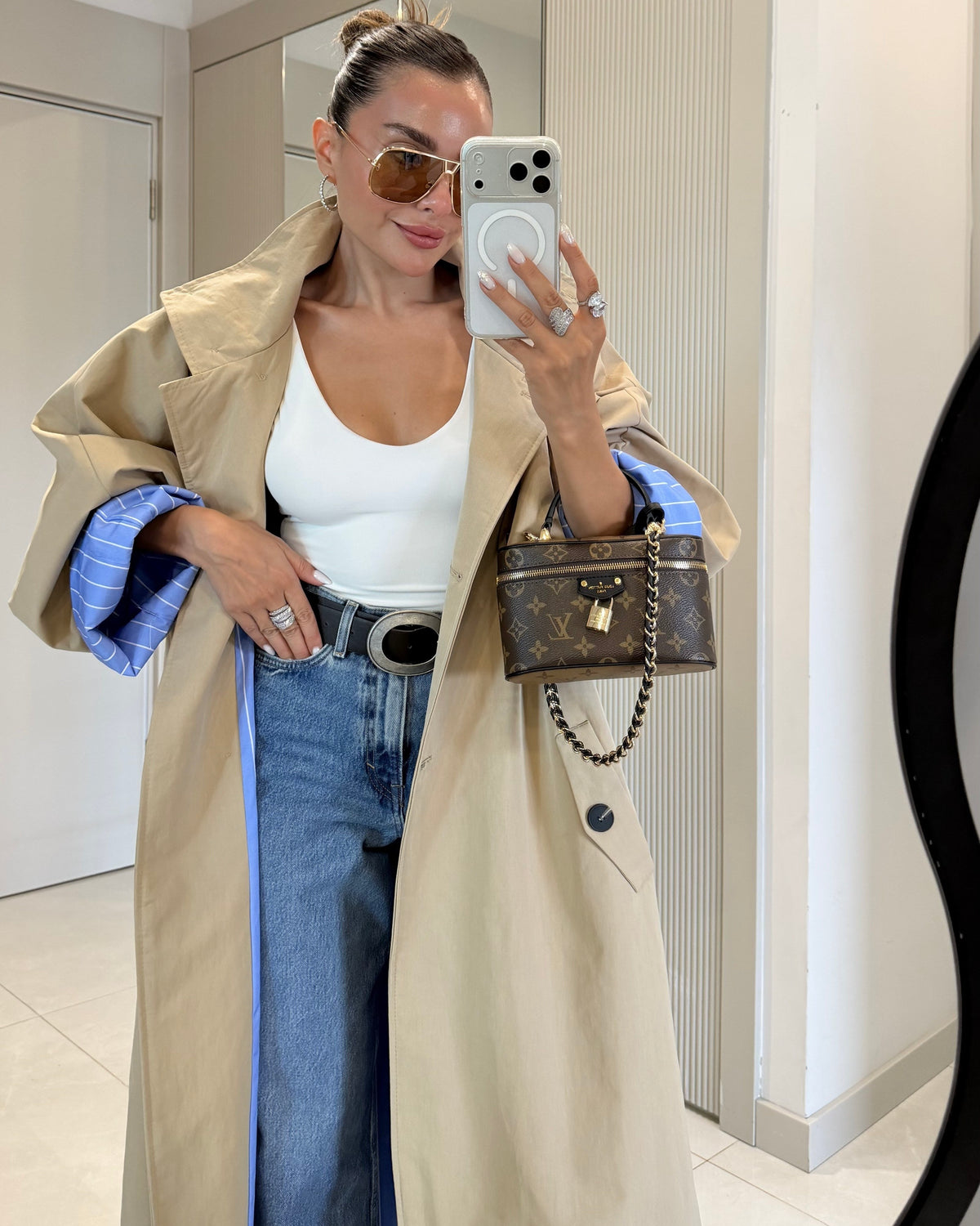 Hanger camel striped lined oversize long trench coat