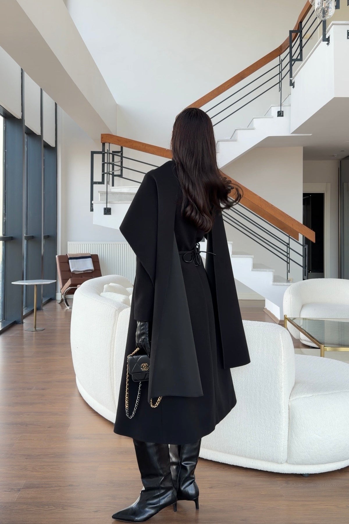 Double-breasted long wool coat with a detachable scarf and a slim belt