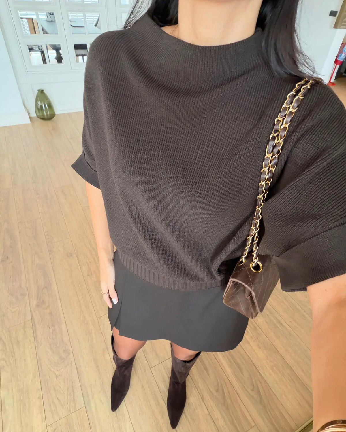 Waist detailed bat sleeve ribbed knitwear blouse