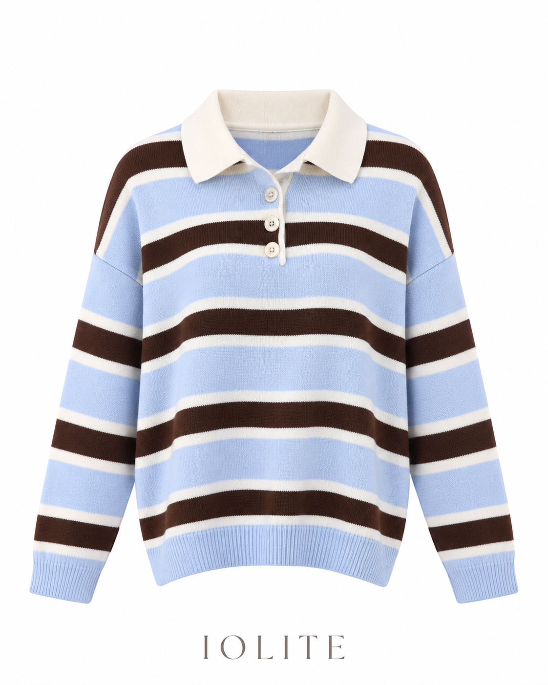 Blue and chocolate brown horizontal stripe knitted polo