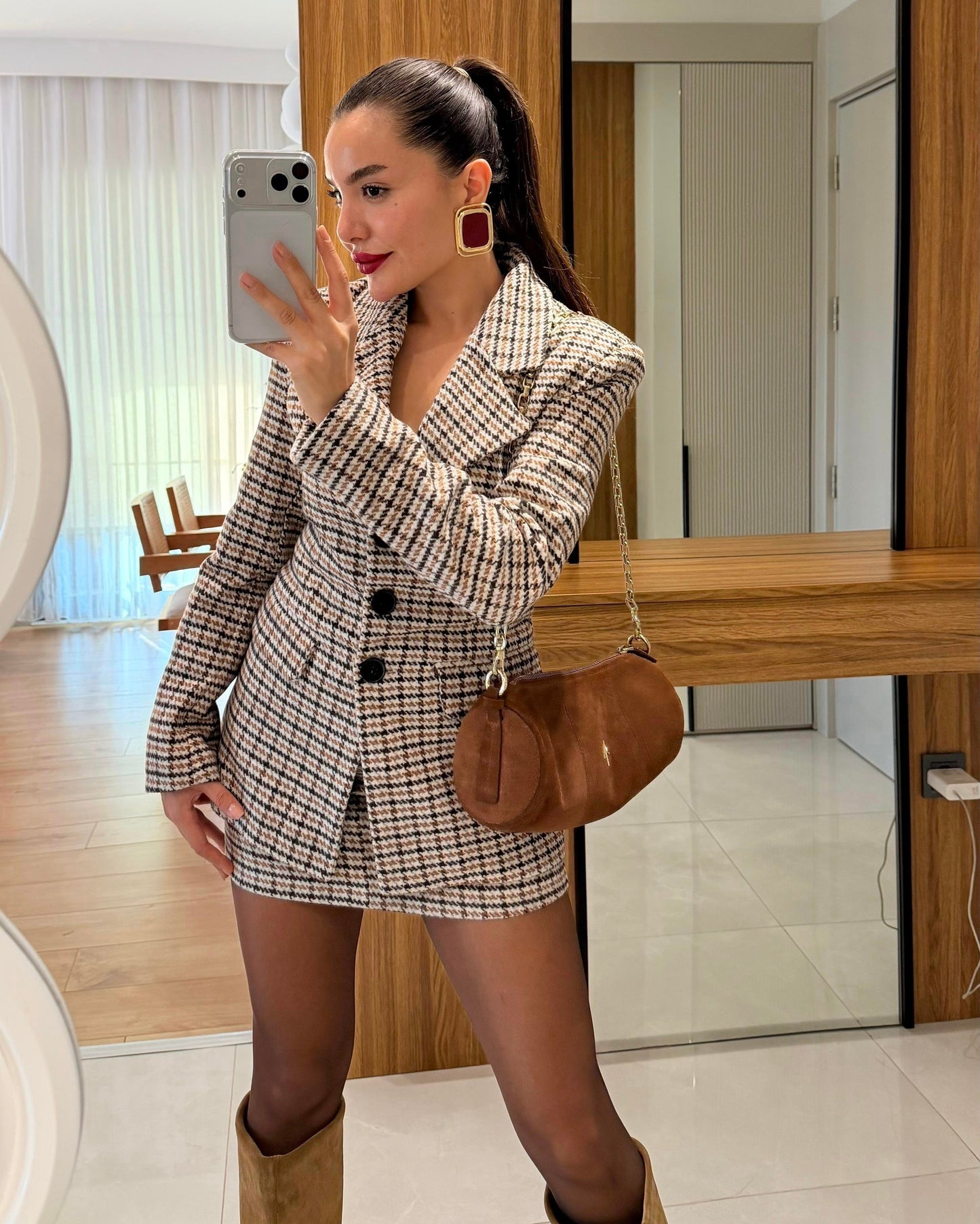 Beige blazer skirt tweed suit