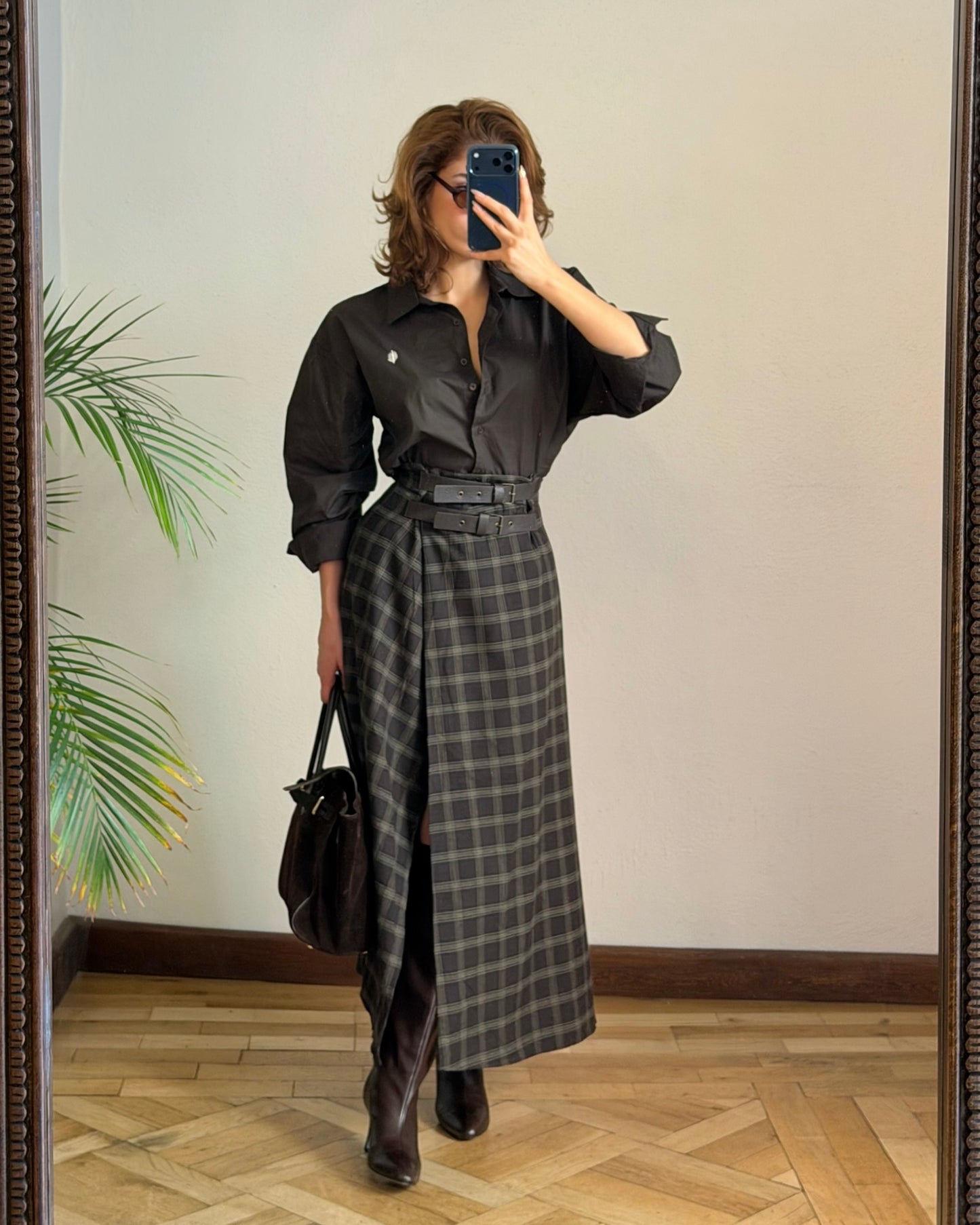Slit plaid midi skirt