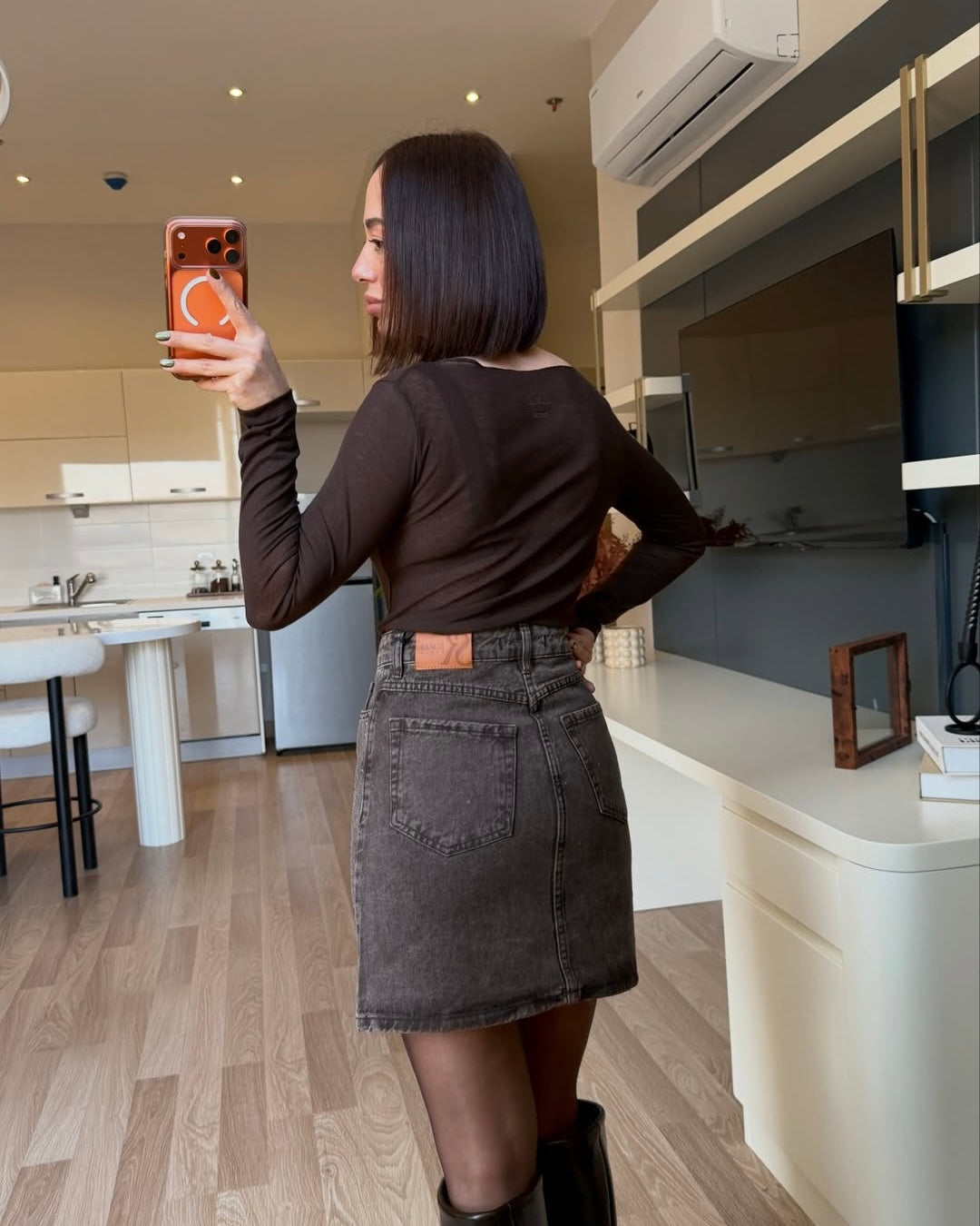 Coffee stone embellished denim skirt