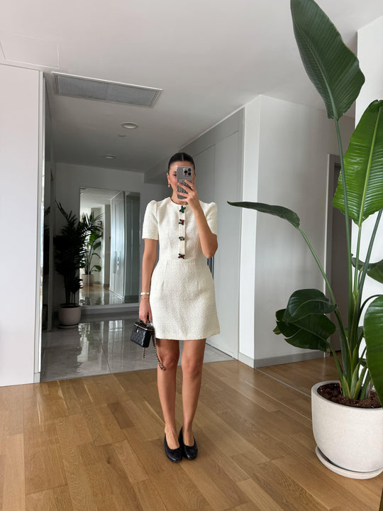 Stone buttoned tweed dress