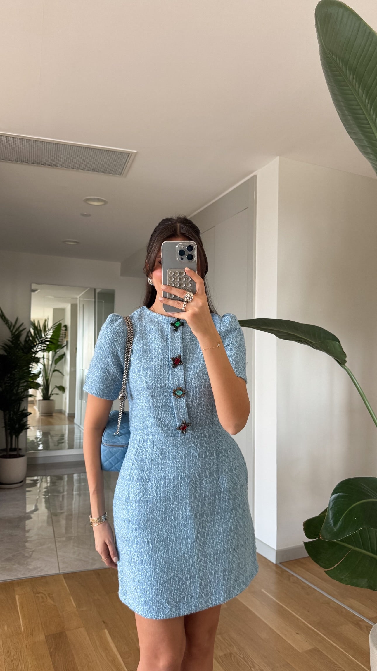 Stone buttoned tweed dress
