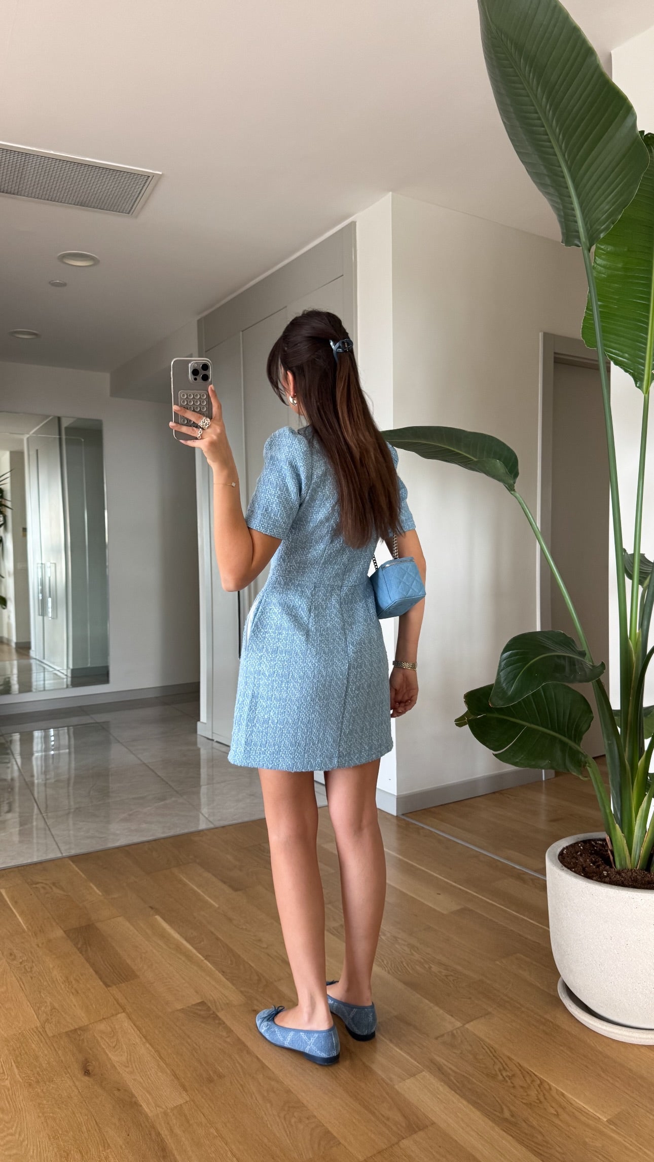 Stone buttoned tweed dress