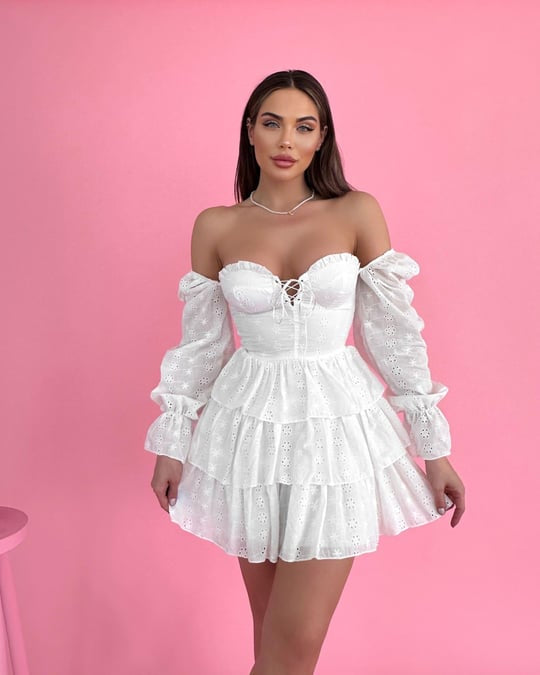 White scalloped ruffle mini dress