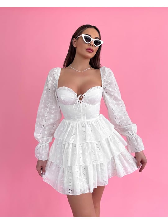 White scalloped ruffle mini dress