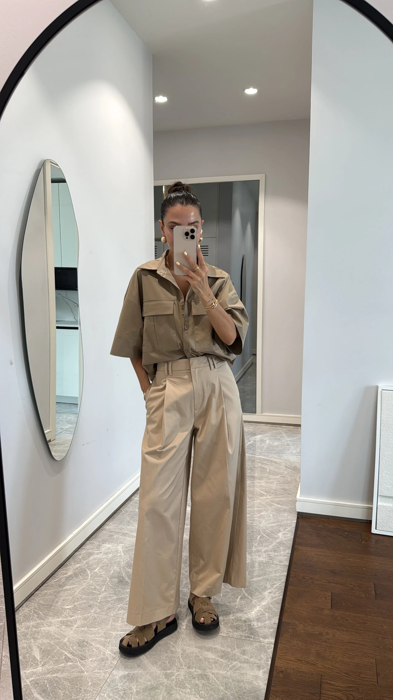 Wide leg beige trousers