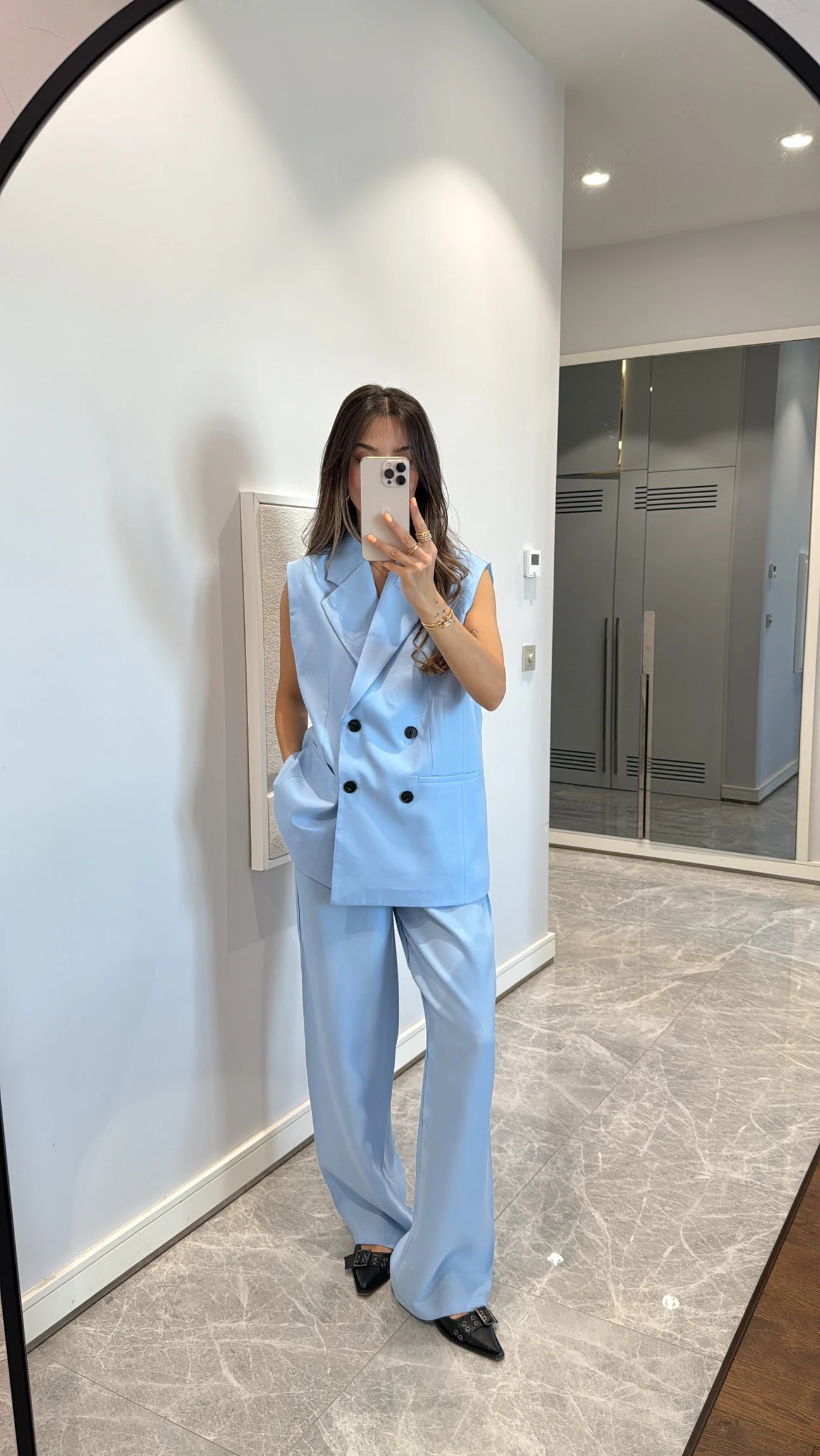 Button detailed vest pants set