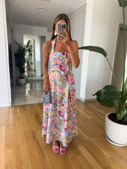 Floral pattern linen textured dress