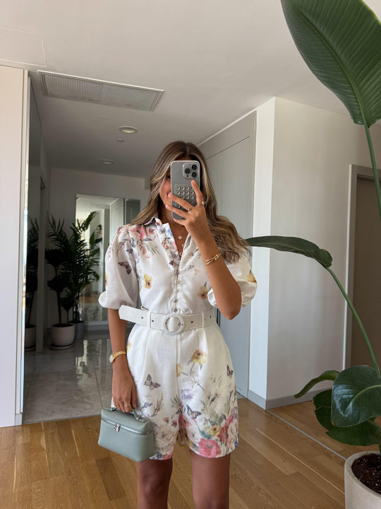 Belted floral romper
