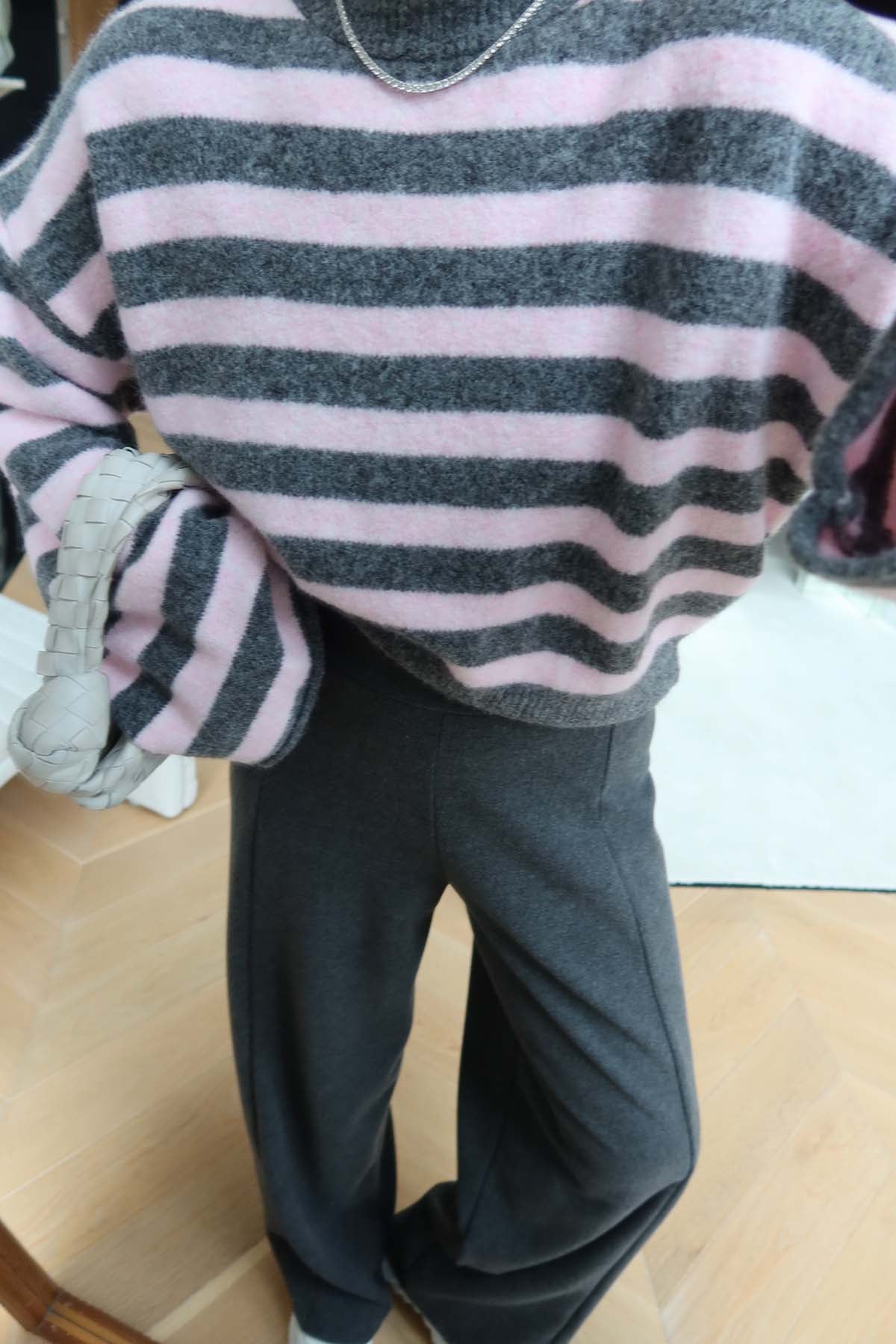 Pink and gray horizontal-striped knit sweater