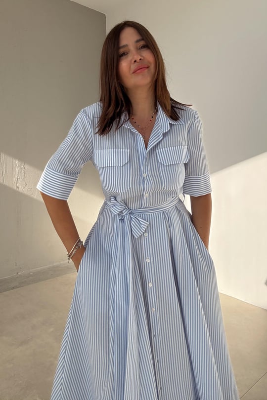 Blue striped long shirt dress