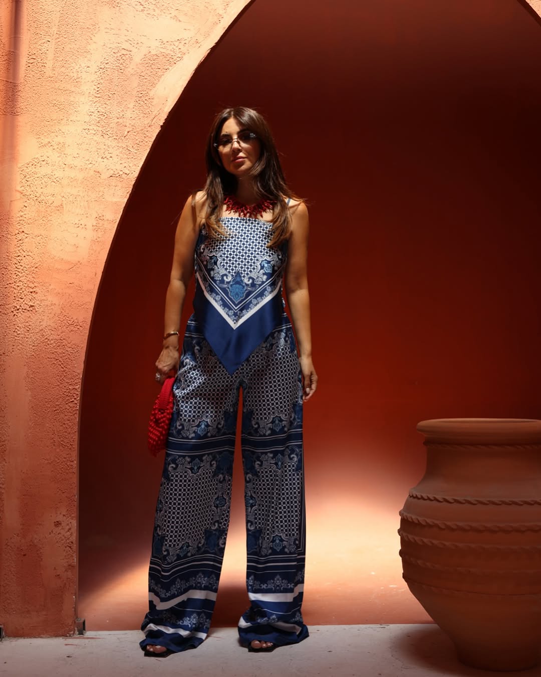 Patterned blouse and trouser set