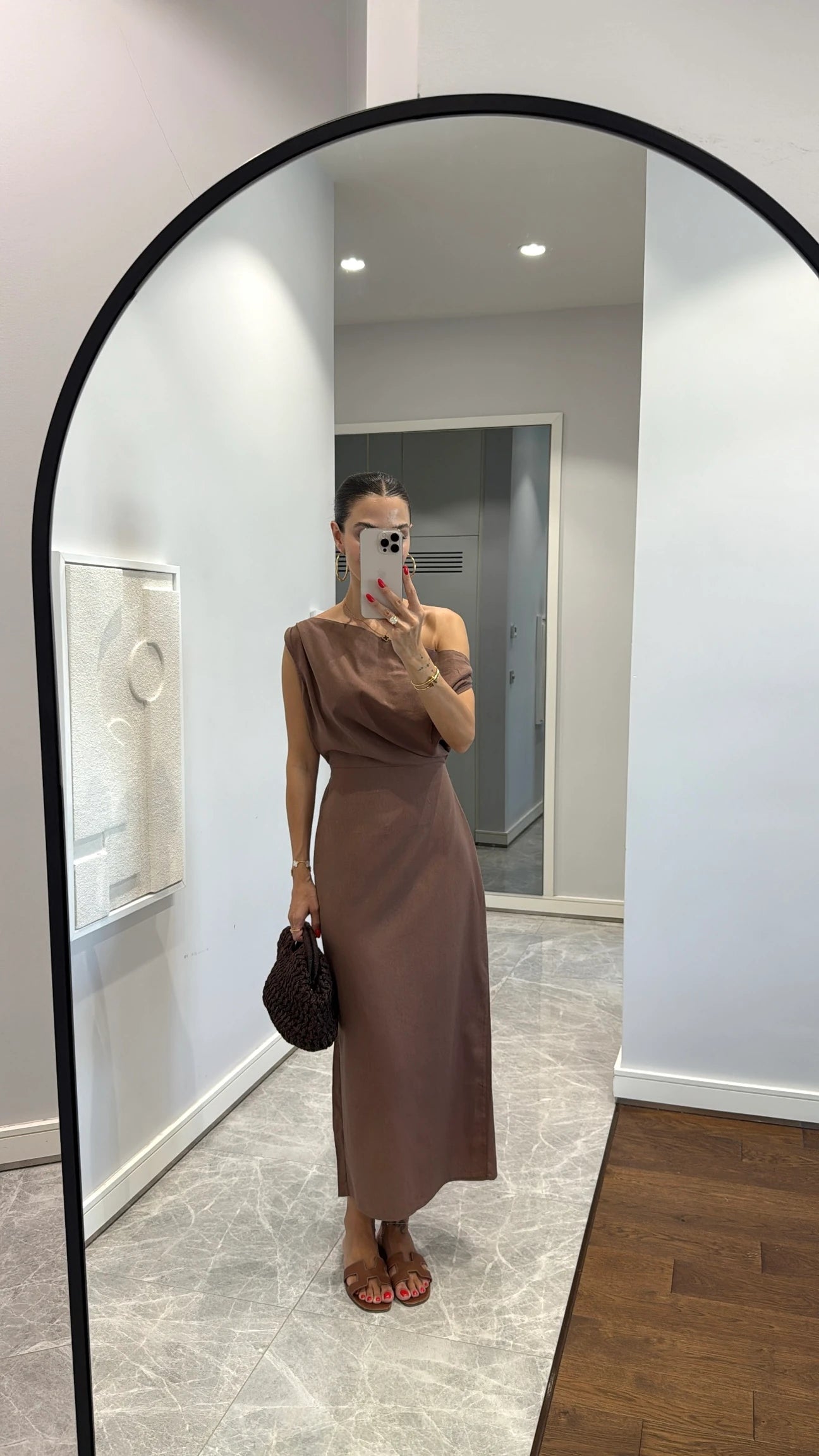 Asymmetric collar linen midi dress