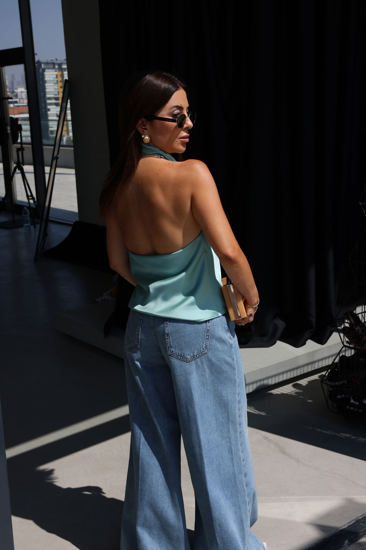 Backless satin blouse