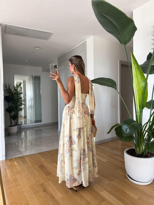 yellow shawl accessorized floral chiffon dress