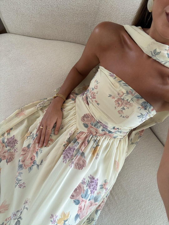 yellow shawl accessorized floral chiffon dress