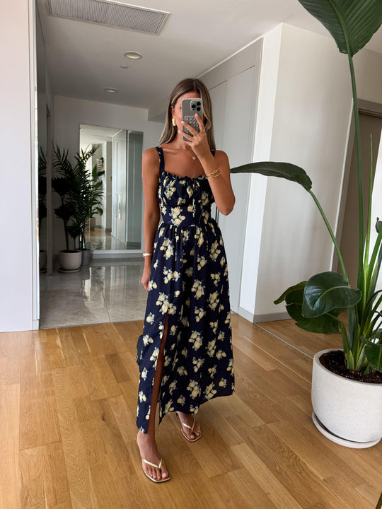 Navy blue lemon printed dress