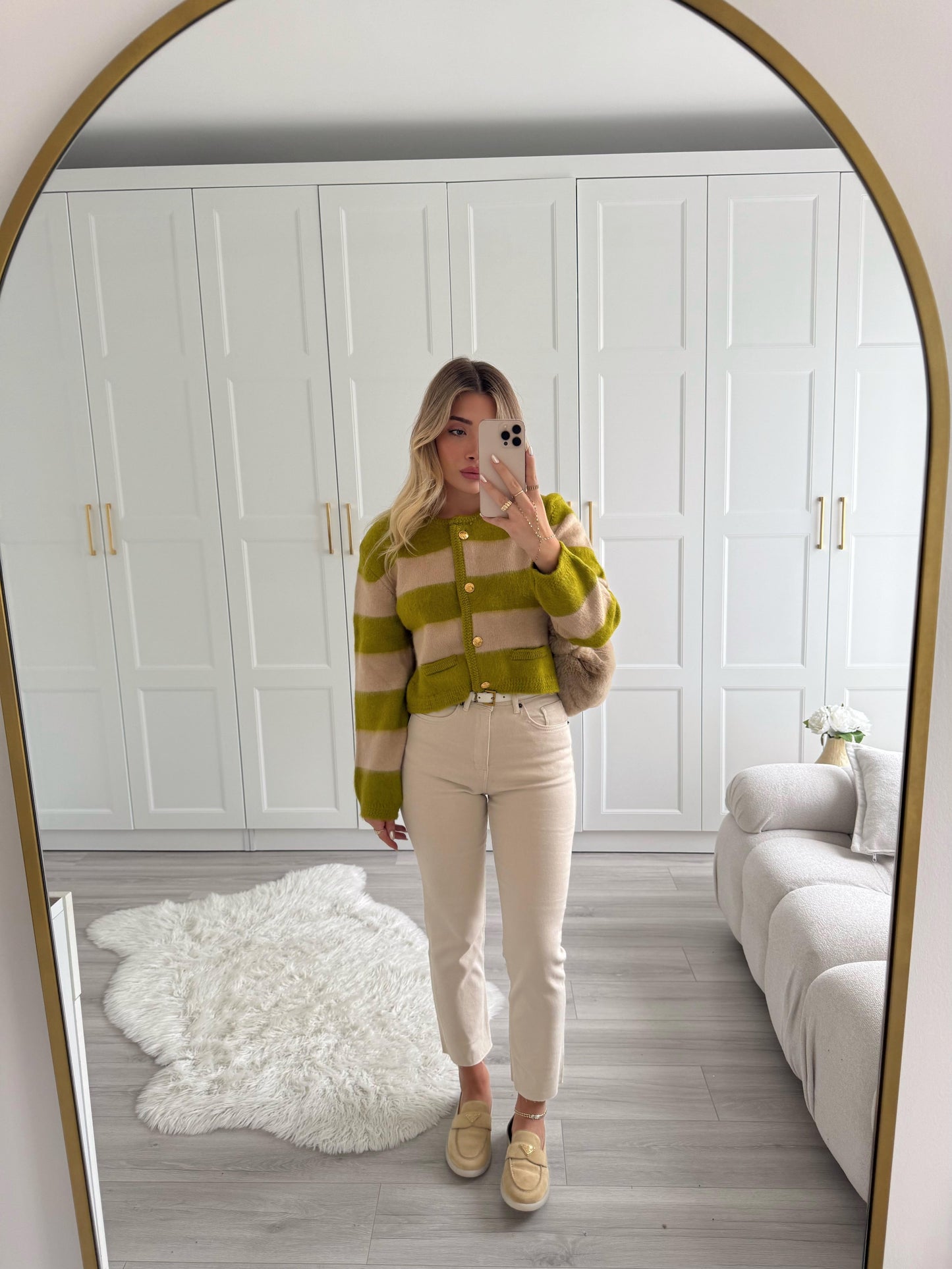 Beige raised striped cardigan