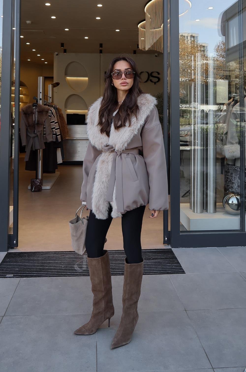 Beige buff collar fur belted coat