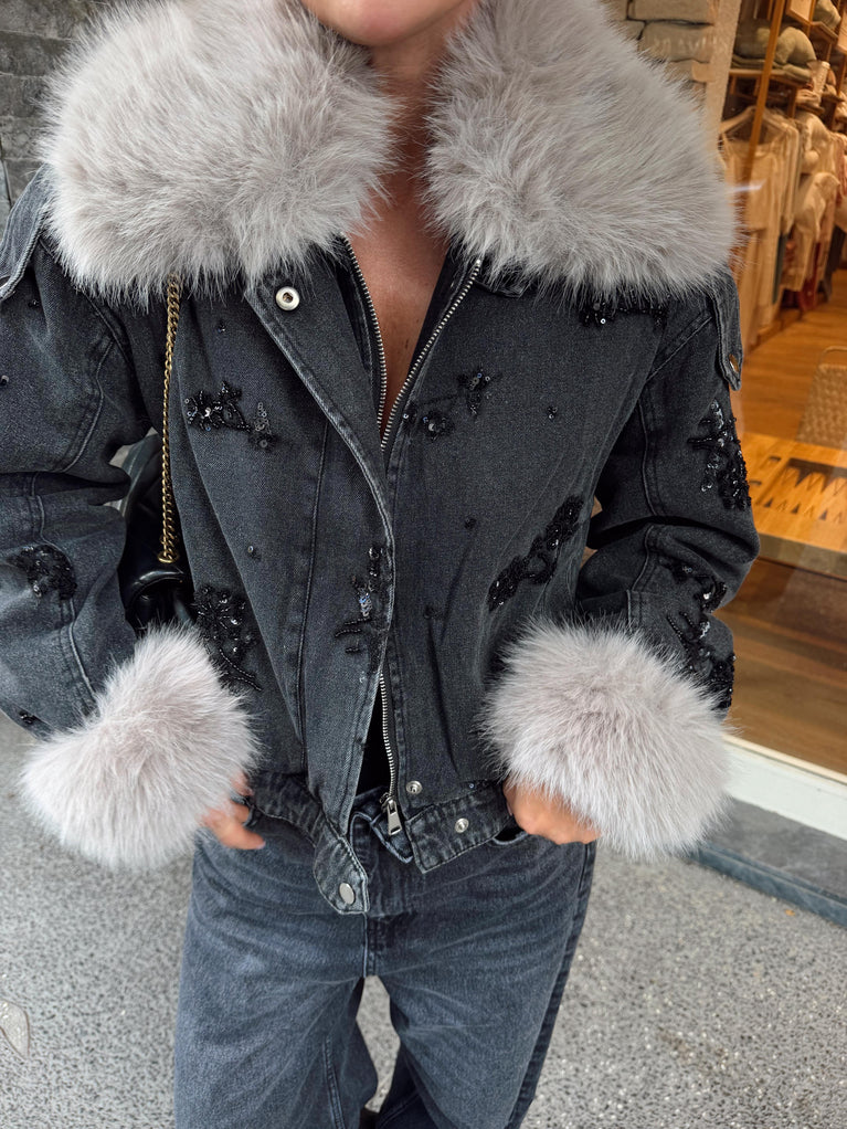 Anthracite embellished denim jacket with faux fur collar and cuffs.