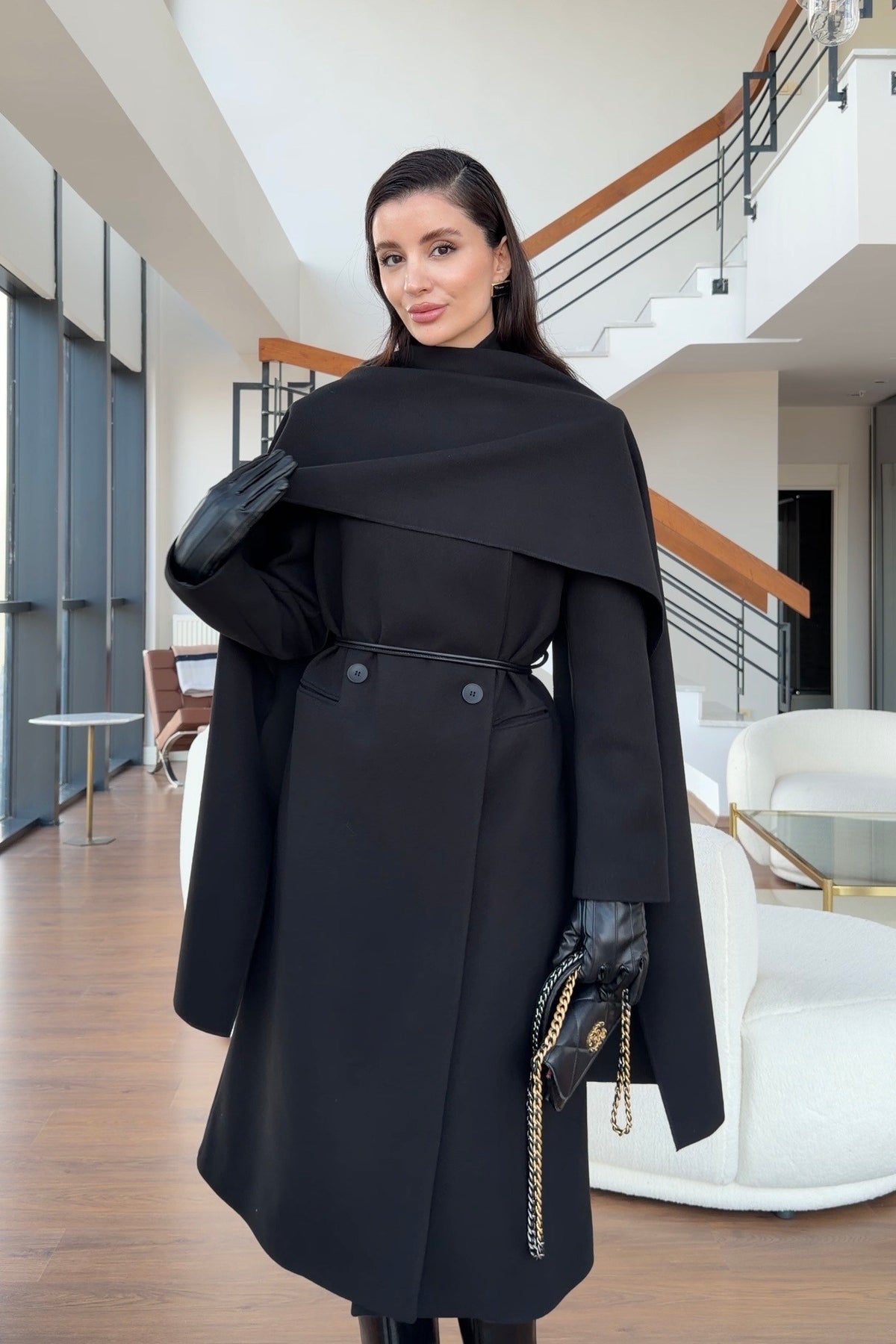 Double-breasted long wool coat with a detachable scarf and a slim belt