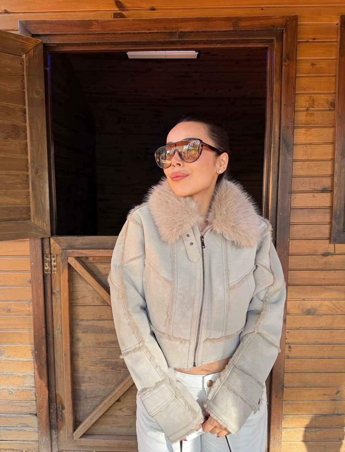 Faux-fur trimmed cropped jacket