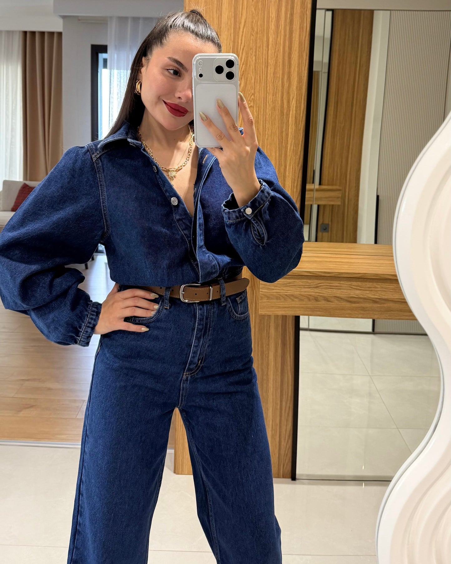 Denim belted jumpsuit