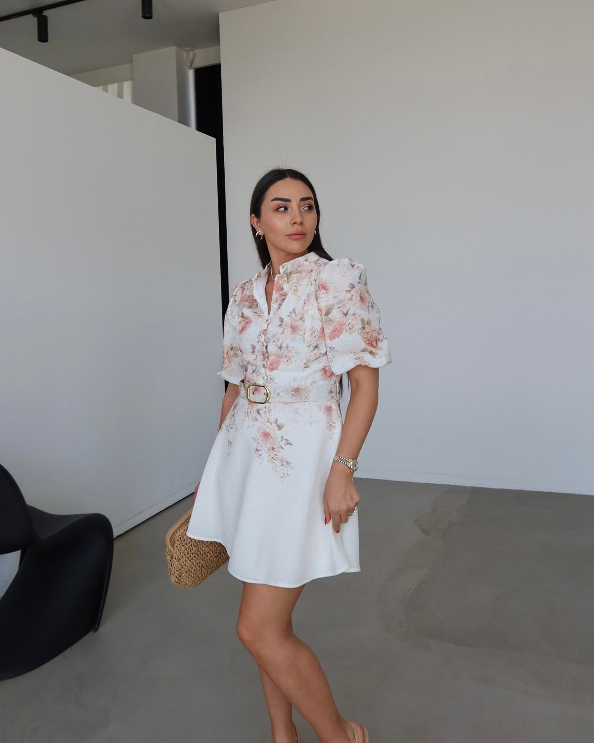 Balloon sleeve floral print premium dress
