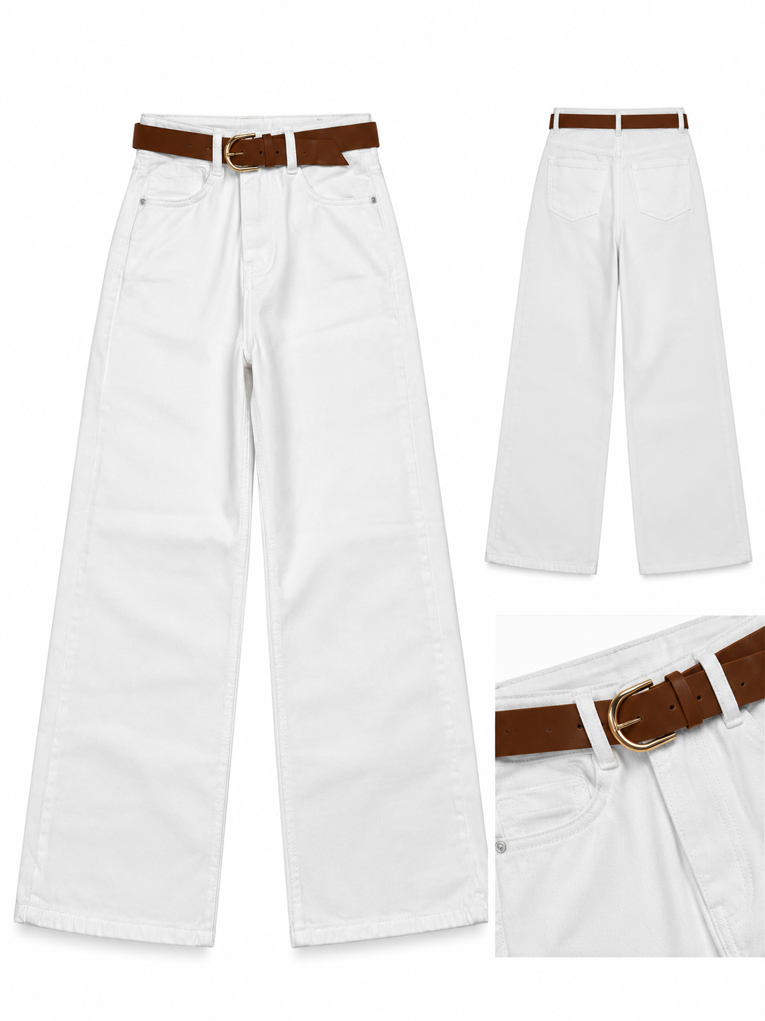 High-waisted, wide-leg white jeans with a brown belt