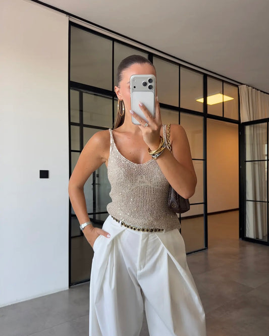 Sequined knitted strapless blouse
