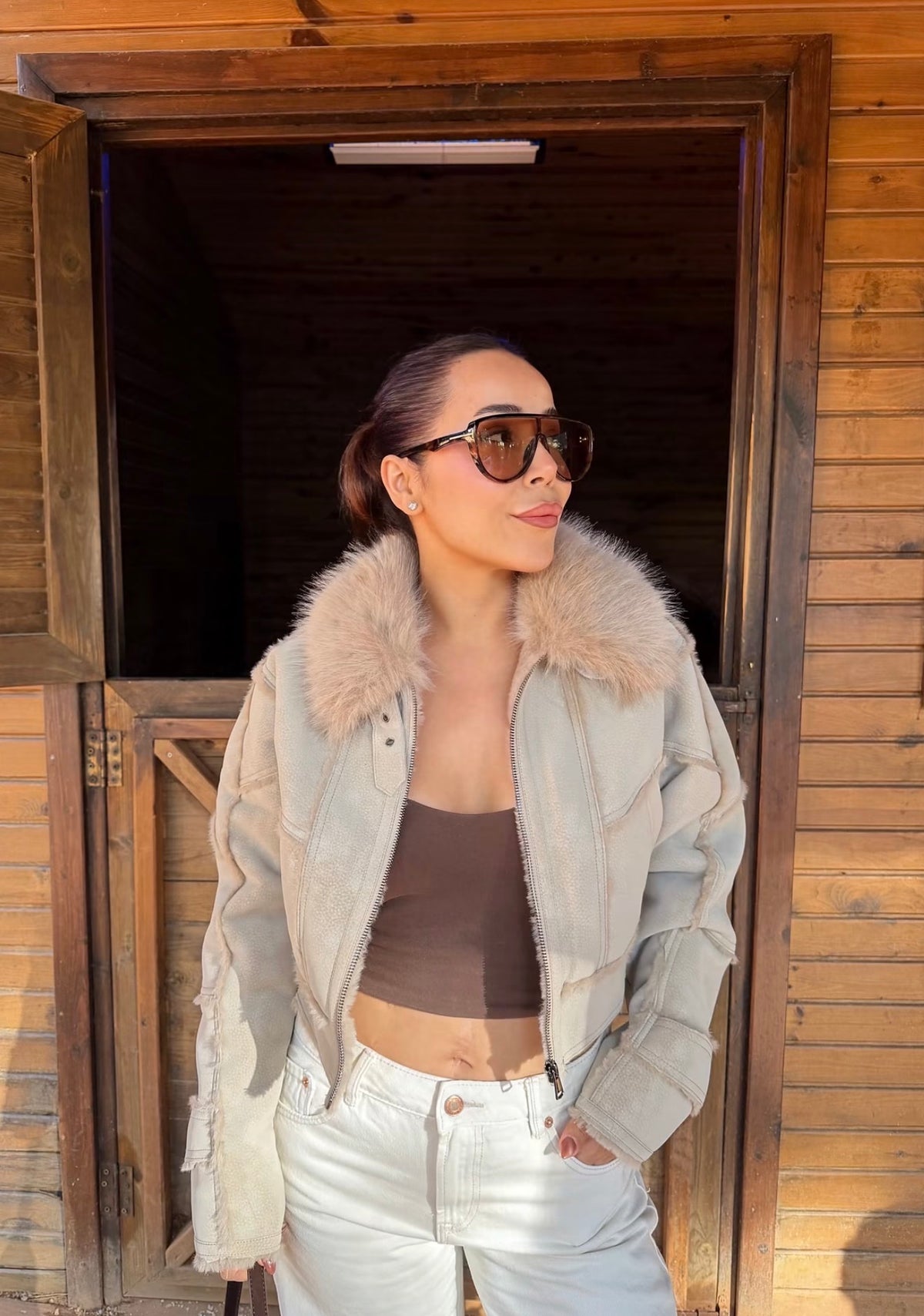 Faux-fur trimmed cropped jacket