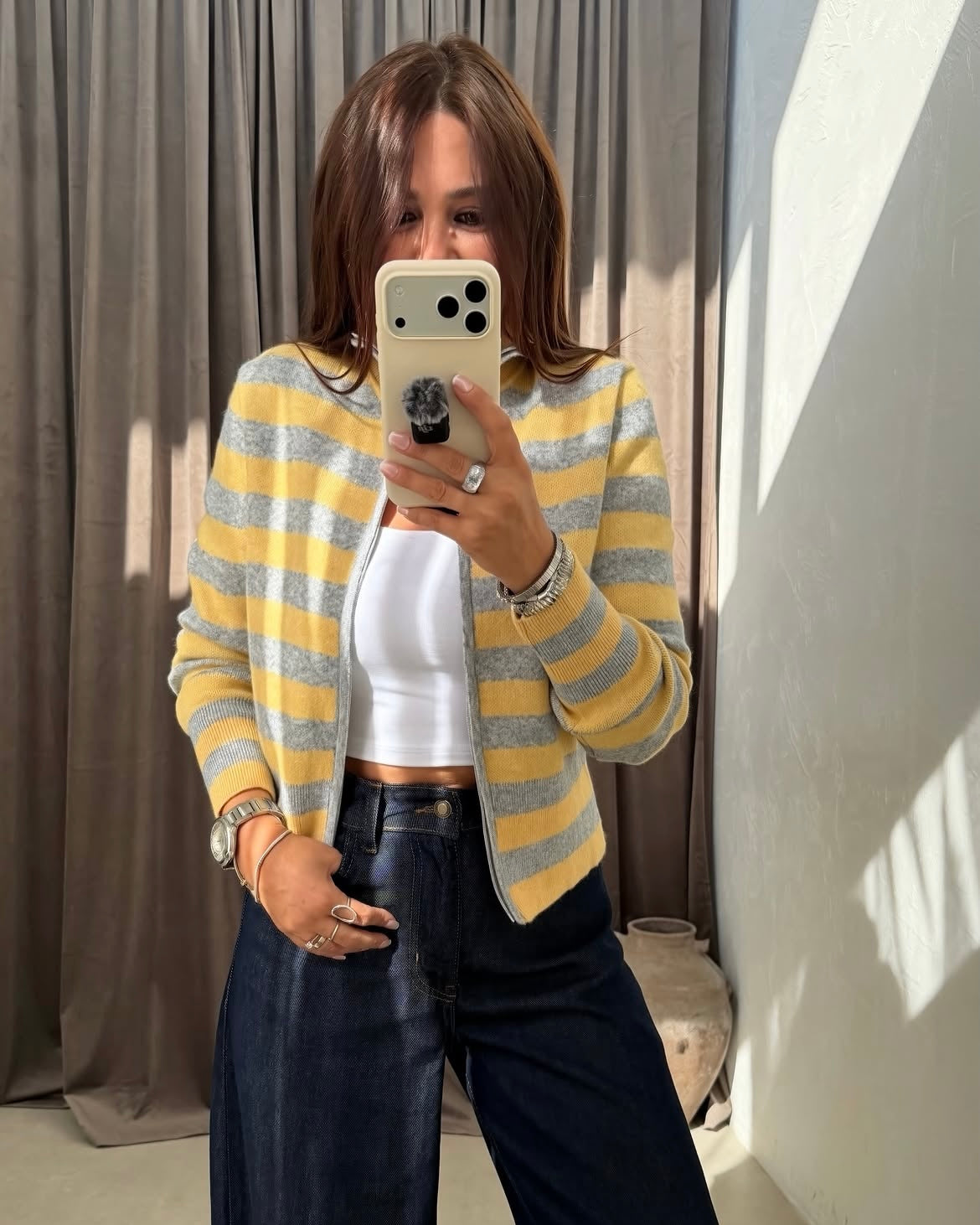 Striped knit zip-up cardigan