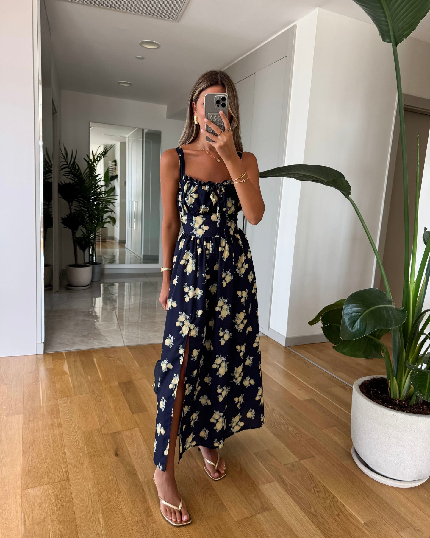 Navy Blue Lemon Print Dress