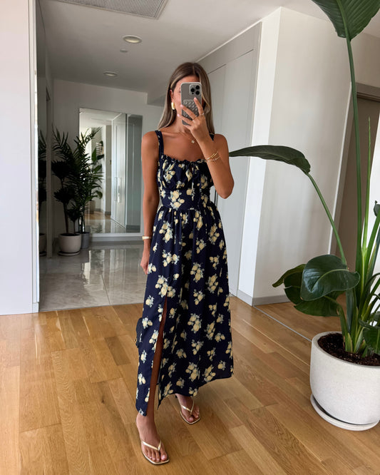 Navy Blue Lemon Print Dress