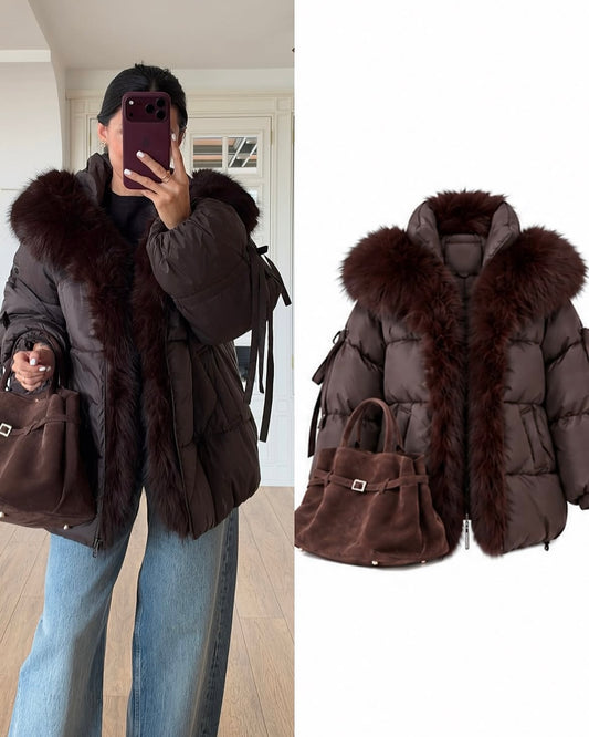 Balloon-sleeve puffer jacket with a detachable faux-fur colla