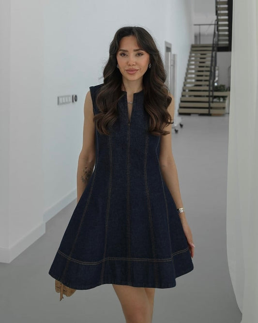 Dark navy denim dress with stitching detail