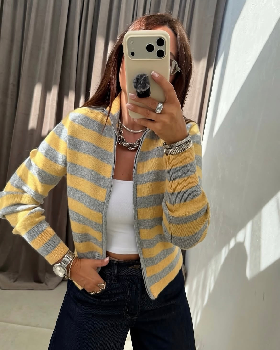 Striped knit zip-up cardigan