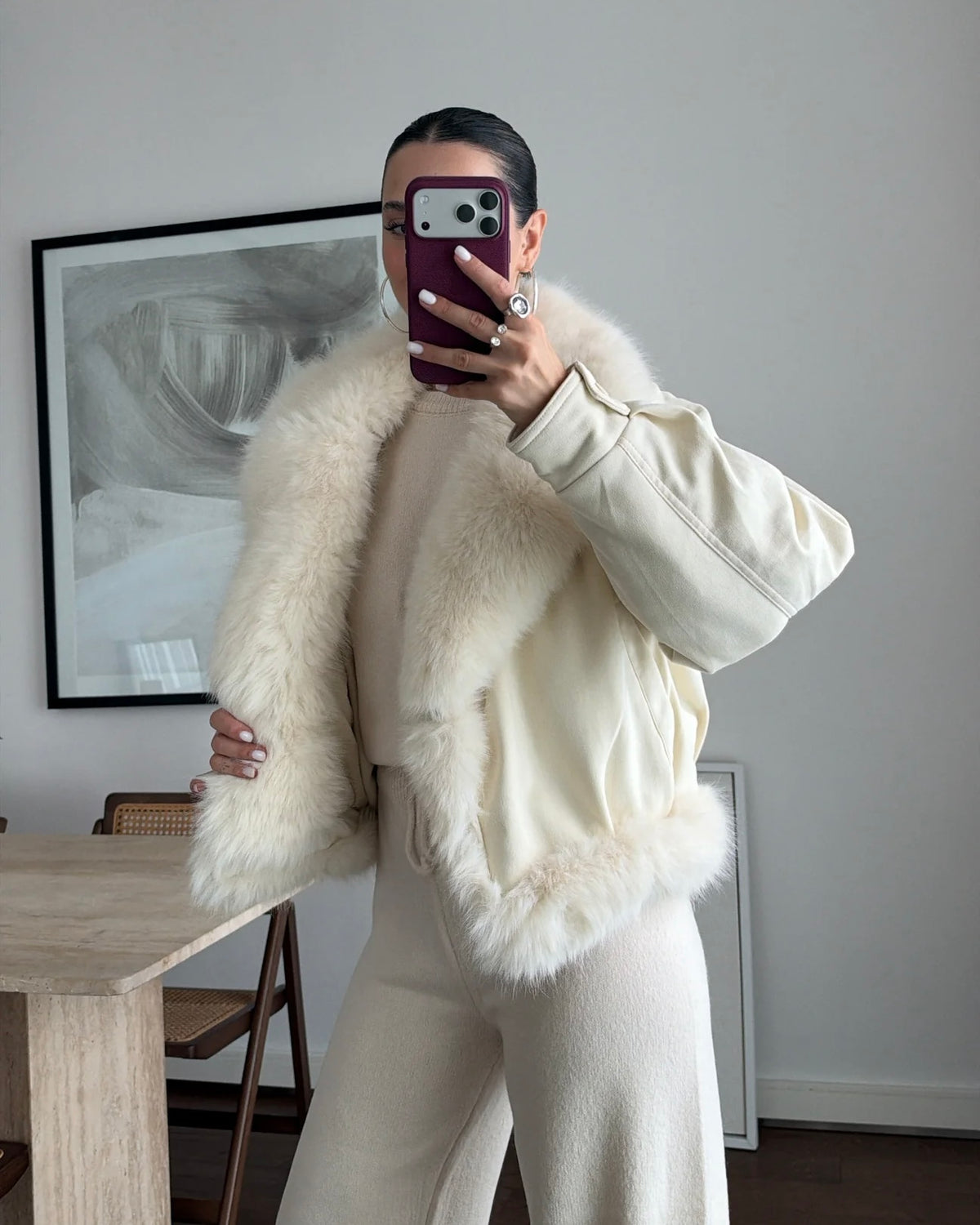 Nubuck jacket with fluffy faux-fur collar and cuff details