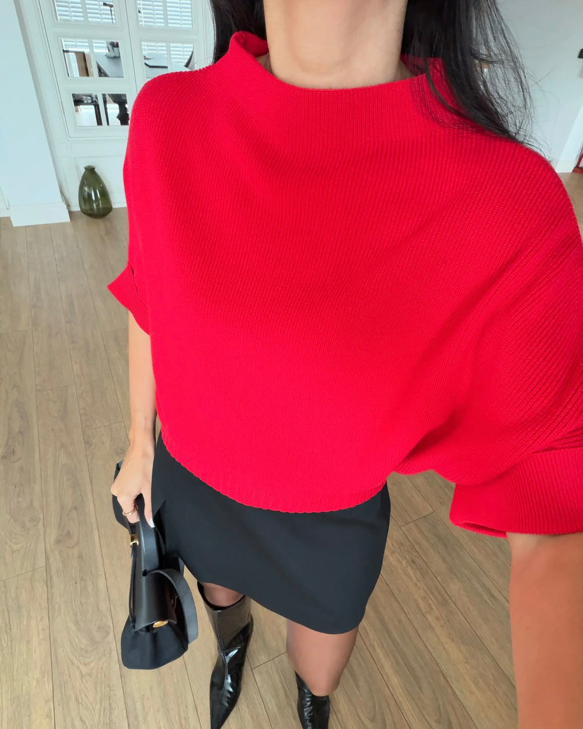 Waist detailed bat sleeve ribbed knitwear blouse