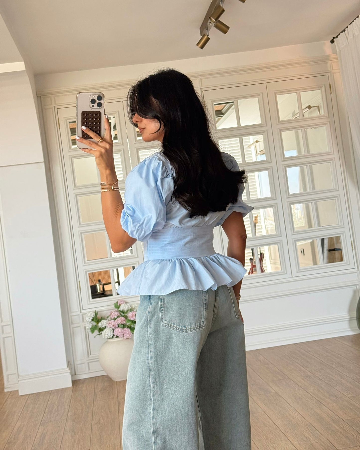 Balloon sleeve cover-up buttoned poplin blouse