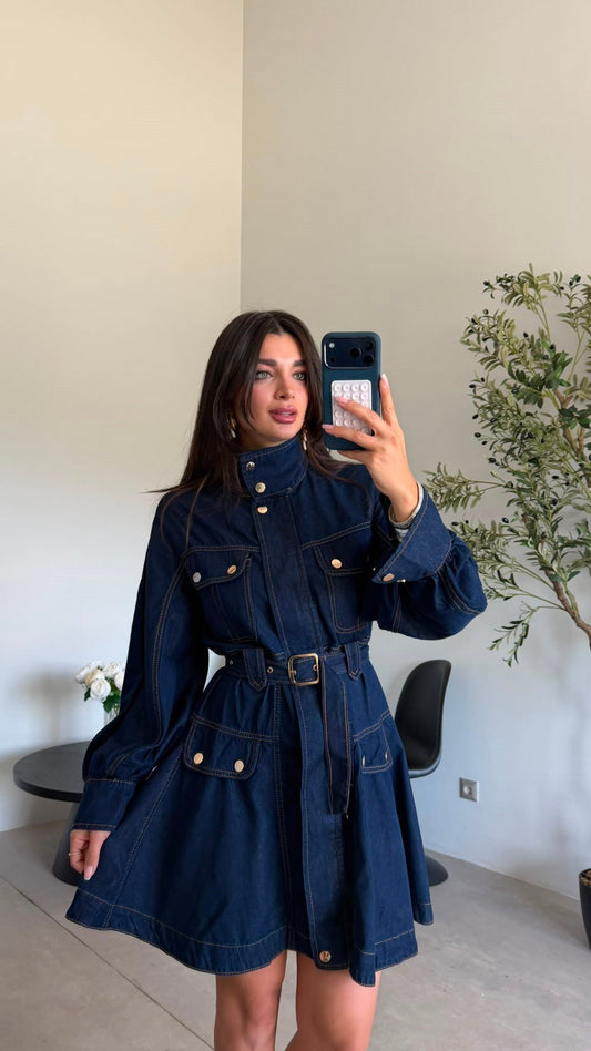 Navy blue utility-style denim mini dress