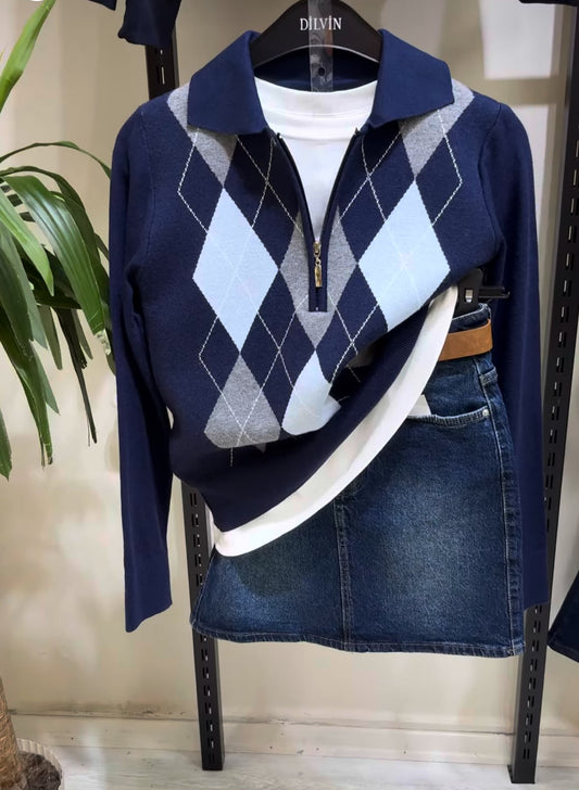 Navy blue argyle knit polo shirt